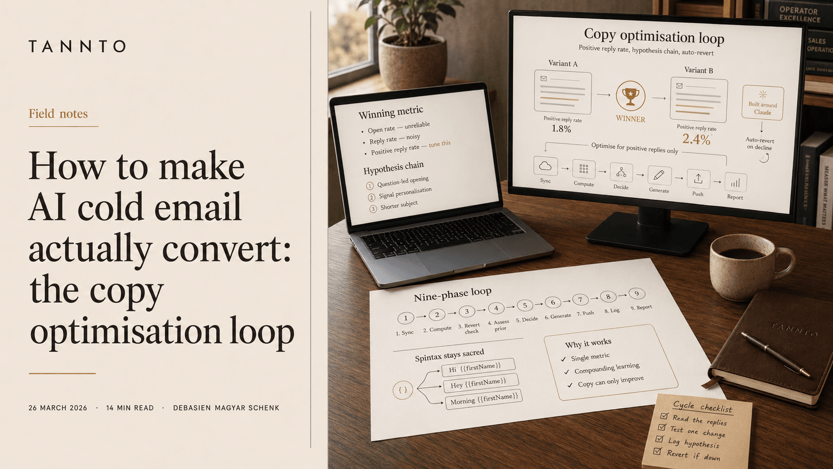 Stylised desk scene illustrating the cold email copy optimisation loop — variant A versus variant B charts, a hypothesis chain, and a nine-phase loop diagram.