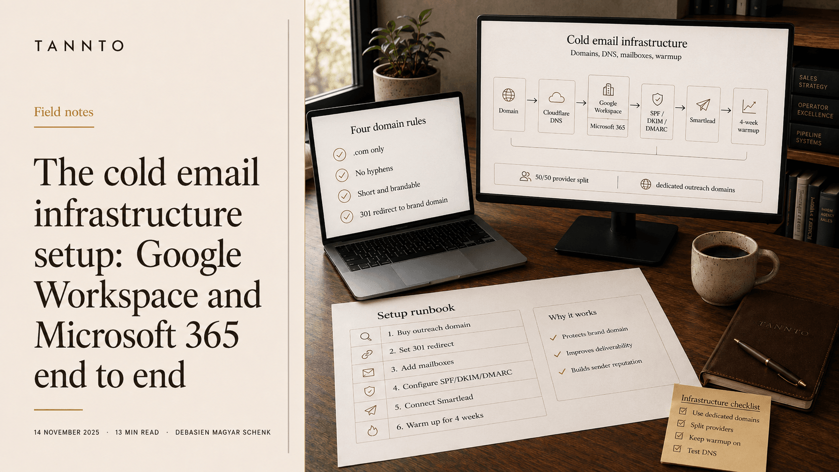 Stylised desk scene illustrating the cold email infrastructure runbook — domains, DNS, mailboxes across Google Workspace and Microsoft 365, with a four-week warmup.