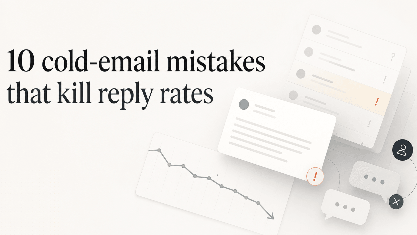 Stylised illustration of an inbox with a declining reply-rate graph, representing the cold-email mistakes that kill response.